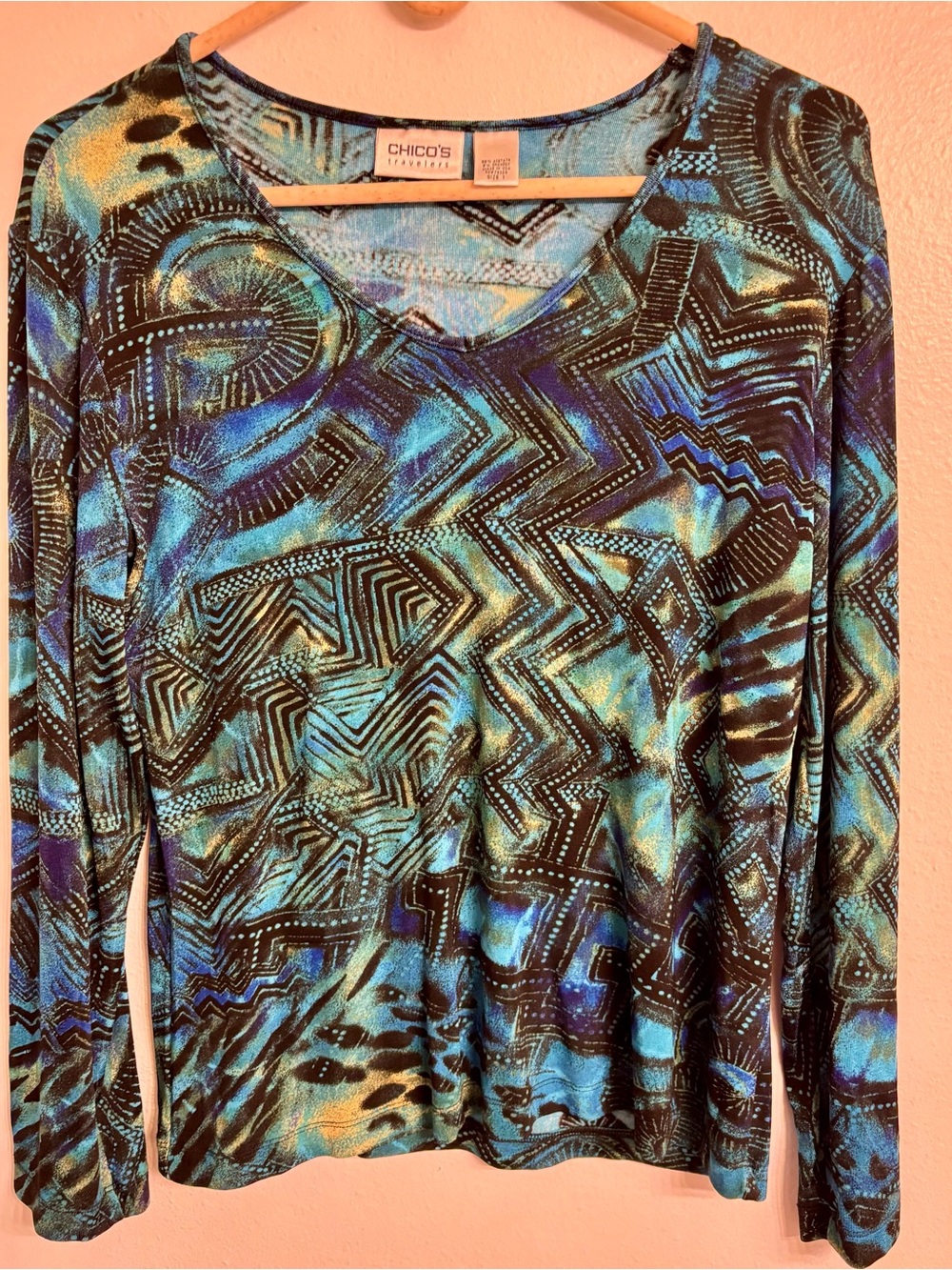 Chico's Blue Teal Black Patterned Long Sleeve V-Neck Top